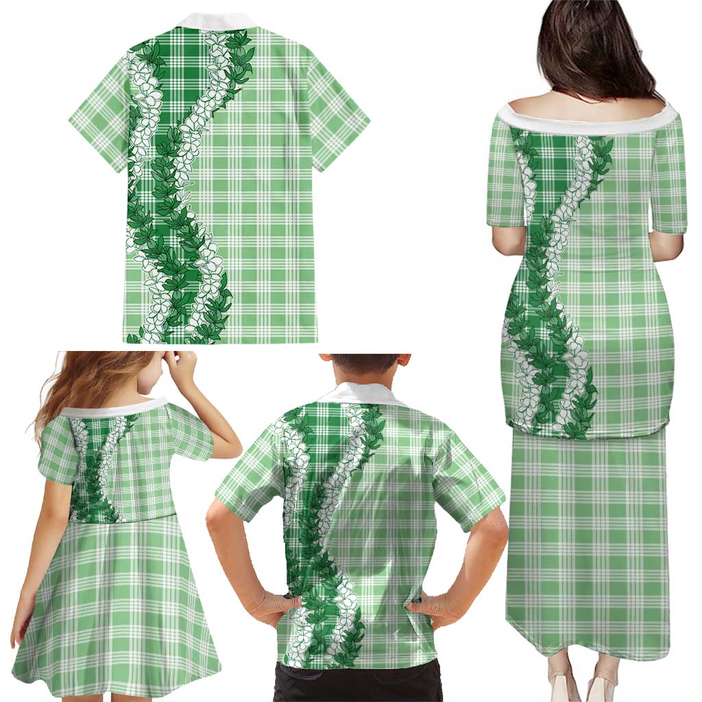 Green Hawaii Palaka Family Matching Puletasi and Hawaiian Shirt Hawaiian Honohono Lei