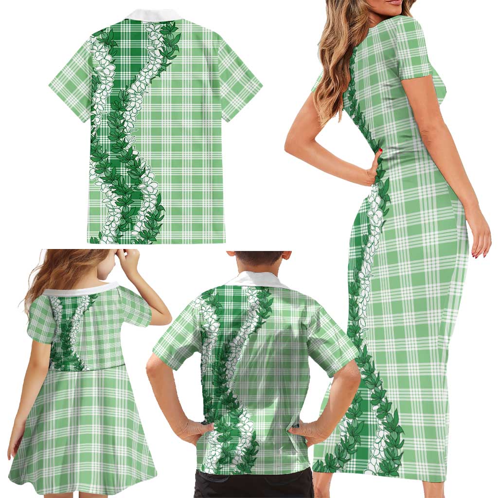Green Hawaii Palaka Family Matching Short Sleeve Bodycon Dress and Hawaiian Shirt Hawaiian Honohono Lei