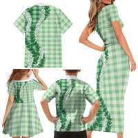 Green Hawaii Palaka Family Matching Short Sleeve Bodycon Dress and Hawaiian Shirt Hawaiian Honohono Lei