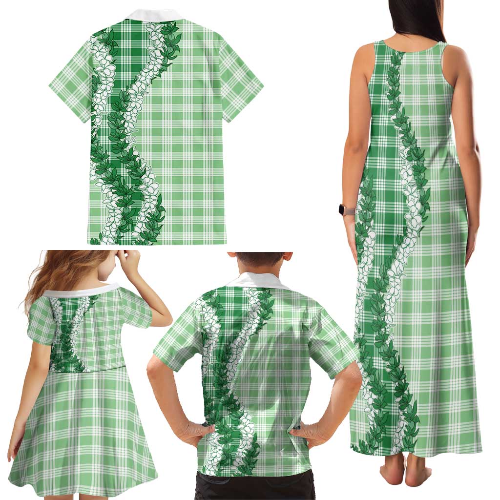 Green Hawaii Palaka Family Matching Tank Maxi Dress and Hawaiian Shirt Hawaiian Honohono Lei