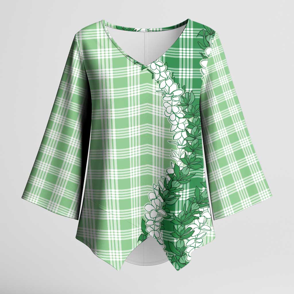 Green Hawaii Palaka Kimono Sleeve Blouse Hawaiian Honohono Lei