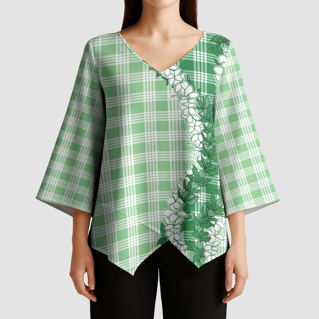Green Hawaii Palaka Kimono Sleeve Blouse Hawaiian Honohono Lei