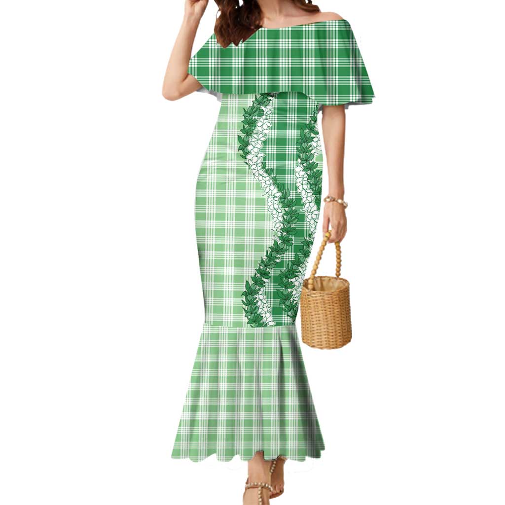 Green Hawaii Palaka Mermaid Dress Hawaiian Honohono Lei