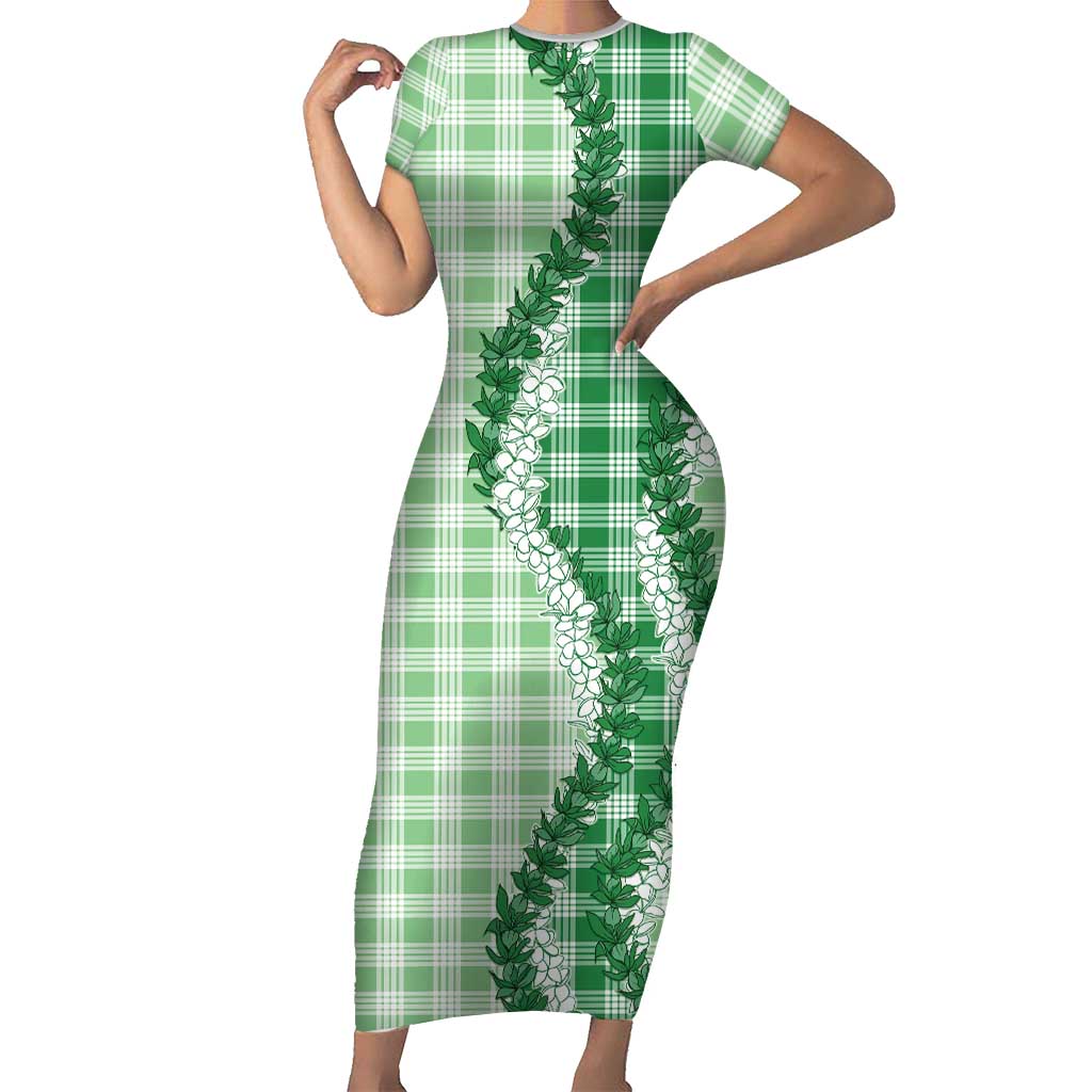 Green Hawaii Palaka Short Sleeve Bodycon Dress Hawaiian Honohono Lei