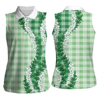 Green Hawaii Palaka Women Sleeveless Polo Shirt Hawaiian Honohono Lei