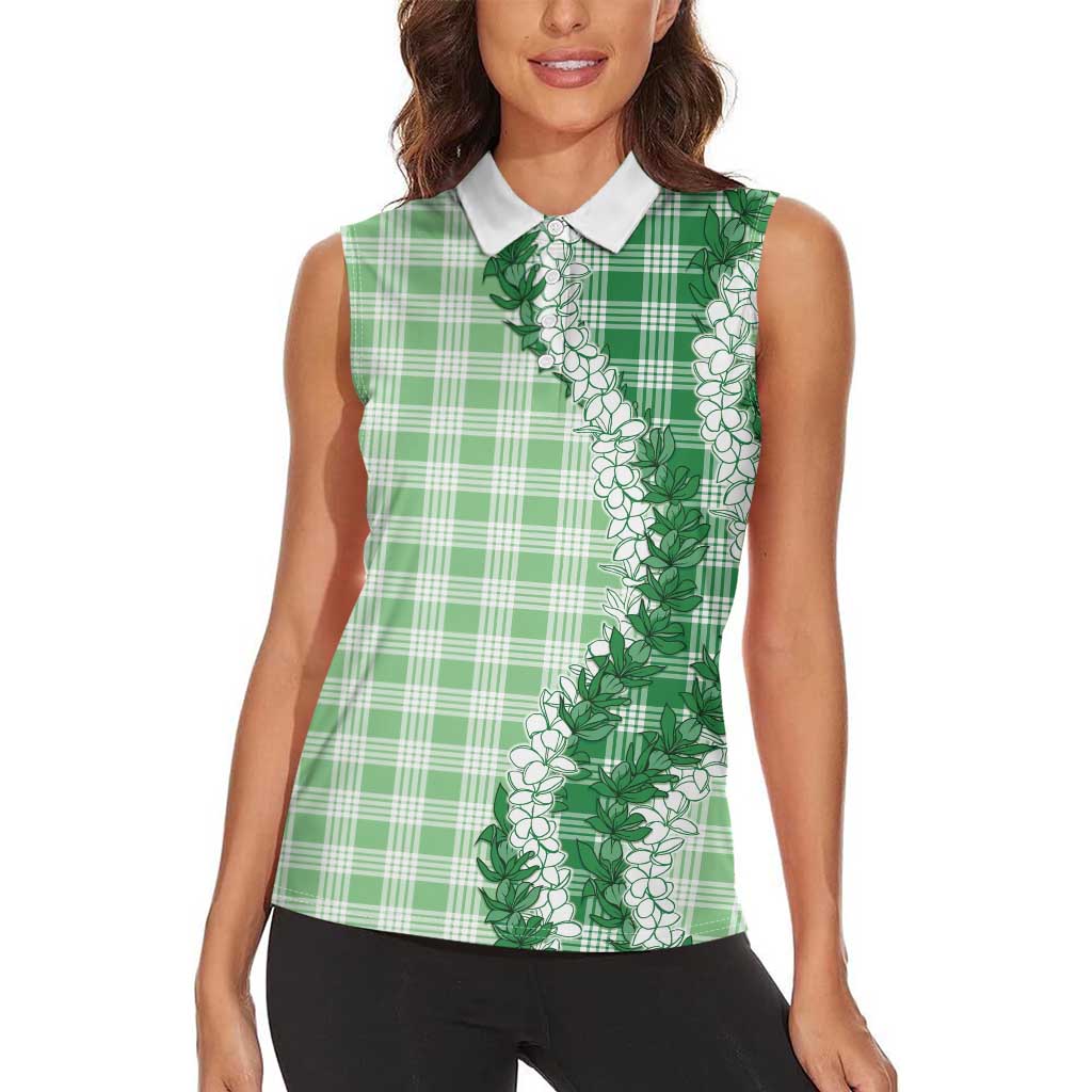 Green Hawaii Palaka Women Sleeveless Polo Shirt Hawaiian Honohono Lei