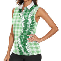 Green Hawaii Palaka Women Sleeveless Polo Shirt Hawaiian Honohono Lei