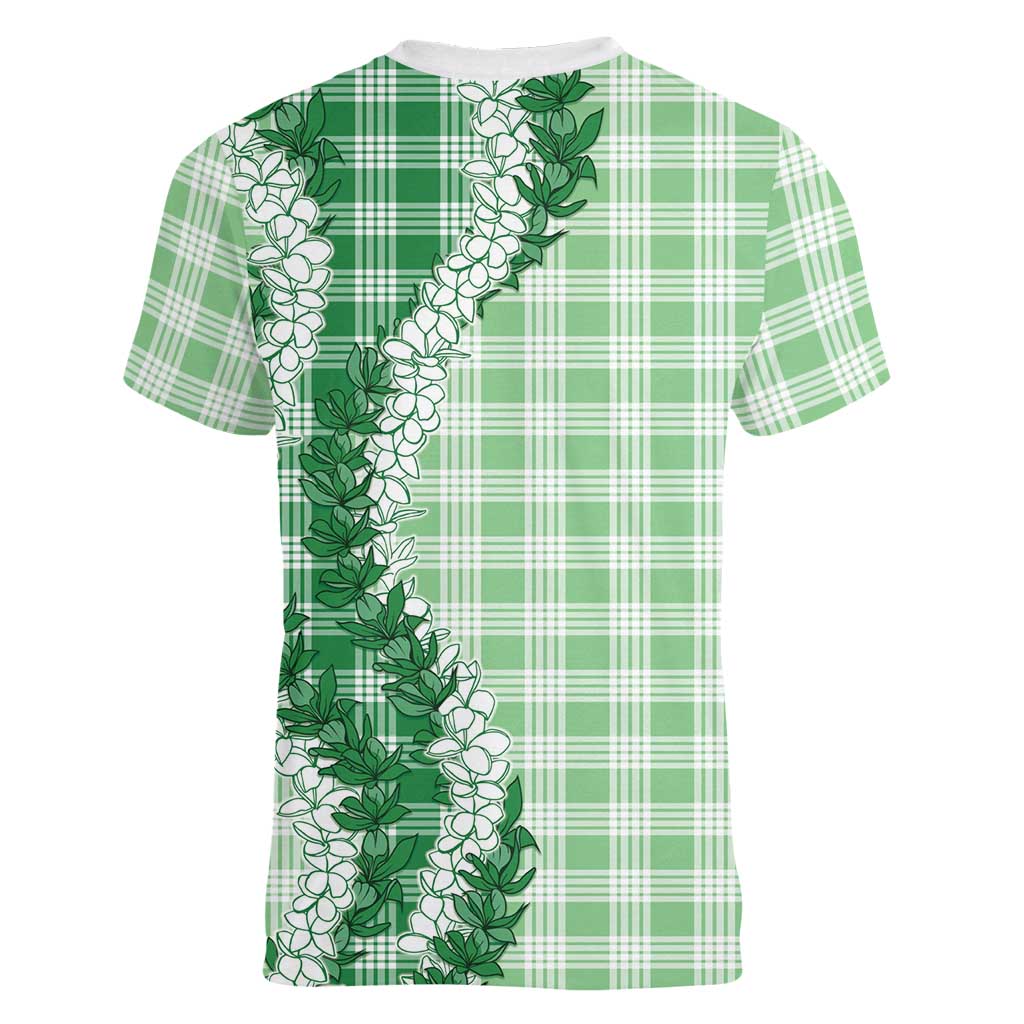 Green Hawaii Palaka Women V-Neck T-Shirt Hawaiian Honohono Lei