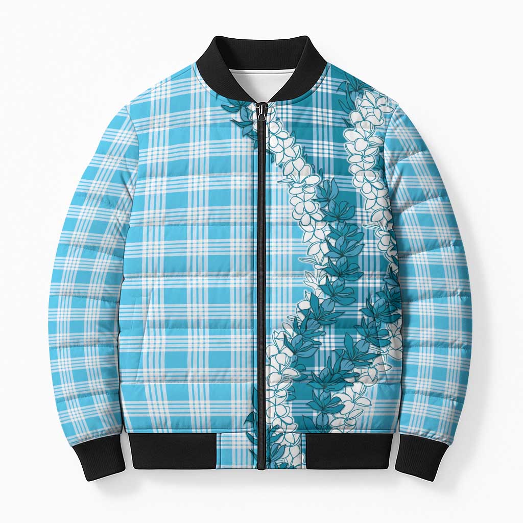 Blue Hawaii Palaka Bomber Puffer Jacket Hawaiian Honohono Lei