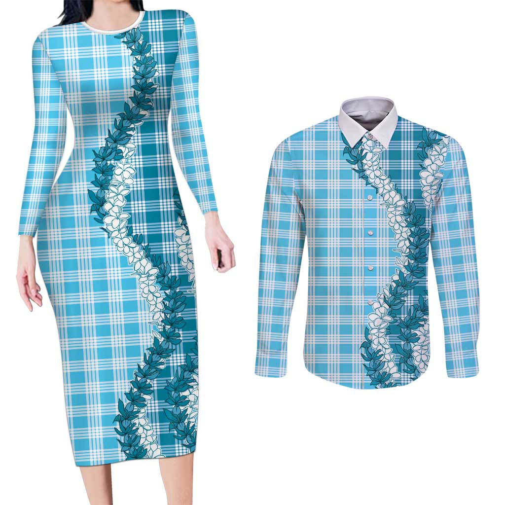 Blue Hawaii Palaka Couples Matching Long Sleeve Bodycon Dress and Long Sleeve Button Shirt Hawaiian Honohono Lei