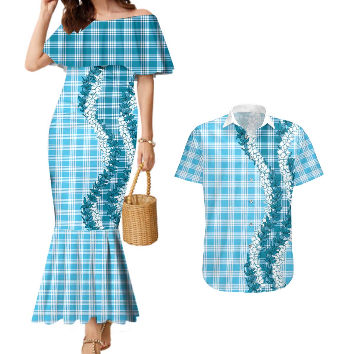 Blue Hawaii Palaka Couples Matching Mermaid Dress and Hawaiian Shirt Hawaiian Honohono Lei