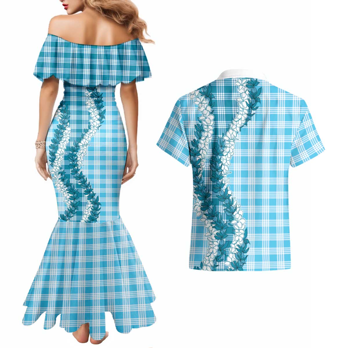 Blue Hawaii Palaka Couples Matching Mermaid Dress and Hawaiian Shirt Hawaiian Honohono Lei