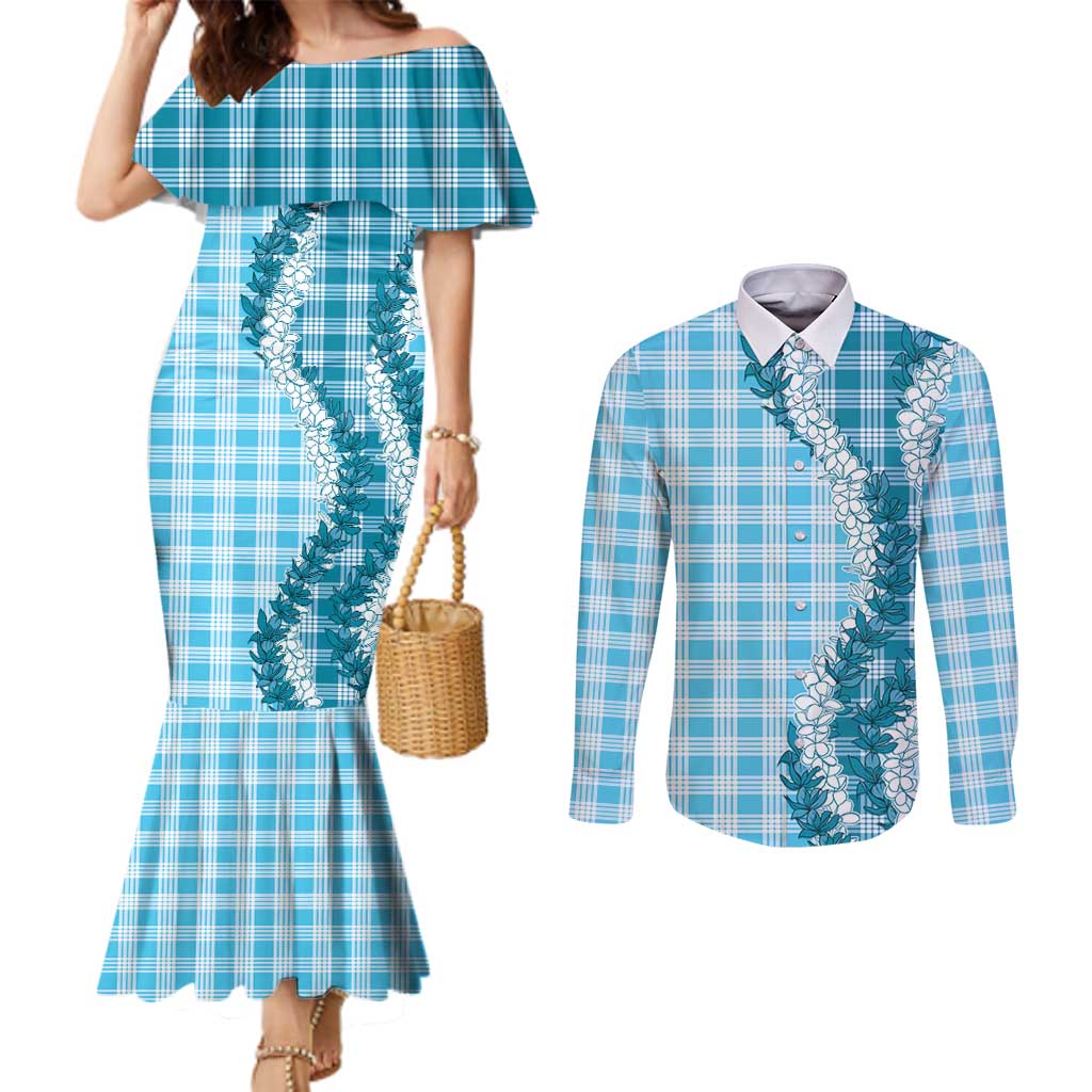 Blue Hawaii Palaka Couples Matching Mermaid Dress and Long Sleeve Button Shirt Hawaiian Honohono Lei