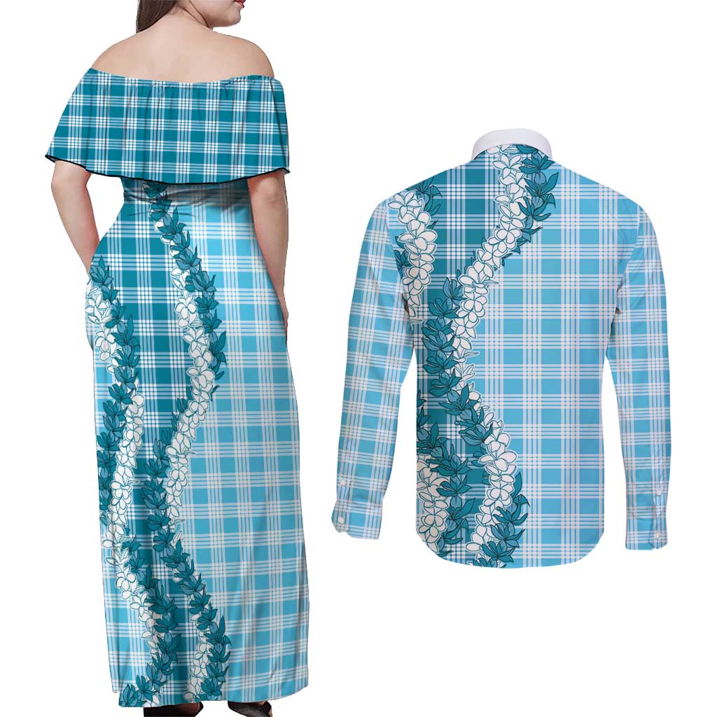 Blue Hawaii Palaka Couples Matching Off Shoulder Maxi Dress and Long Sleeve Button Shirt Hawaiian Honohono Lei