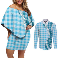Blue Hawaii Palaka Couples Matching Off Shoulder Short Dress and Long Sleeve Button Shirt Hawaiian Honohono Lei