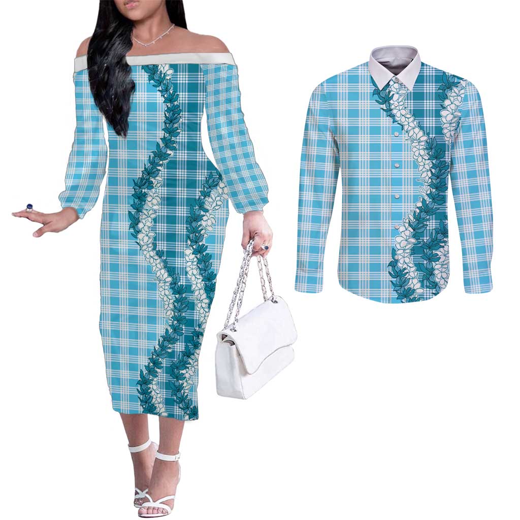 Blue Hawaii Palaka Couples Matching Off The Shoulder Long Sleeve Dress and Long Sleeve Button Shirt Hawaiian Honohono Lei