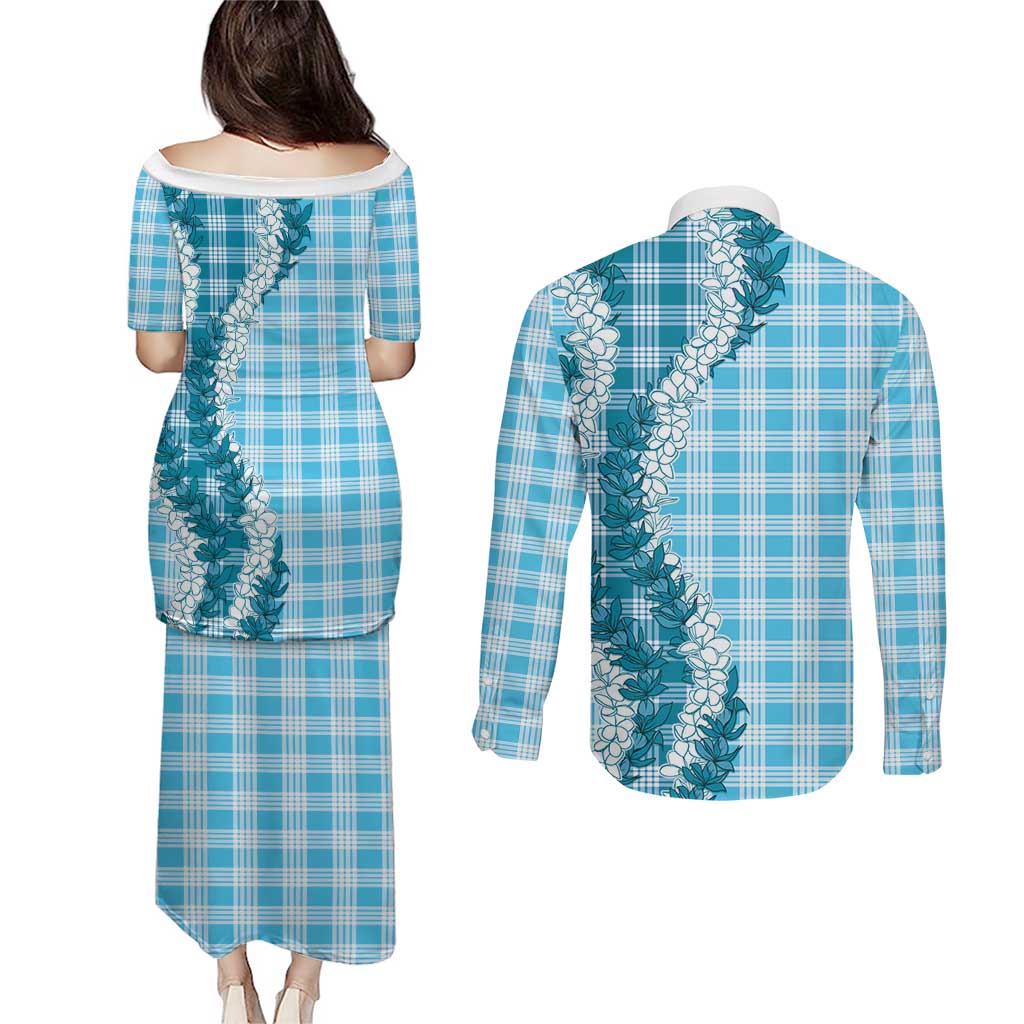 Blue Hawaii Palaka Couples Matching Puletasi and Long Sleeve Button Shirt Hawaiian Honohono Lei