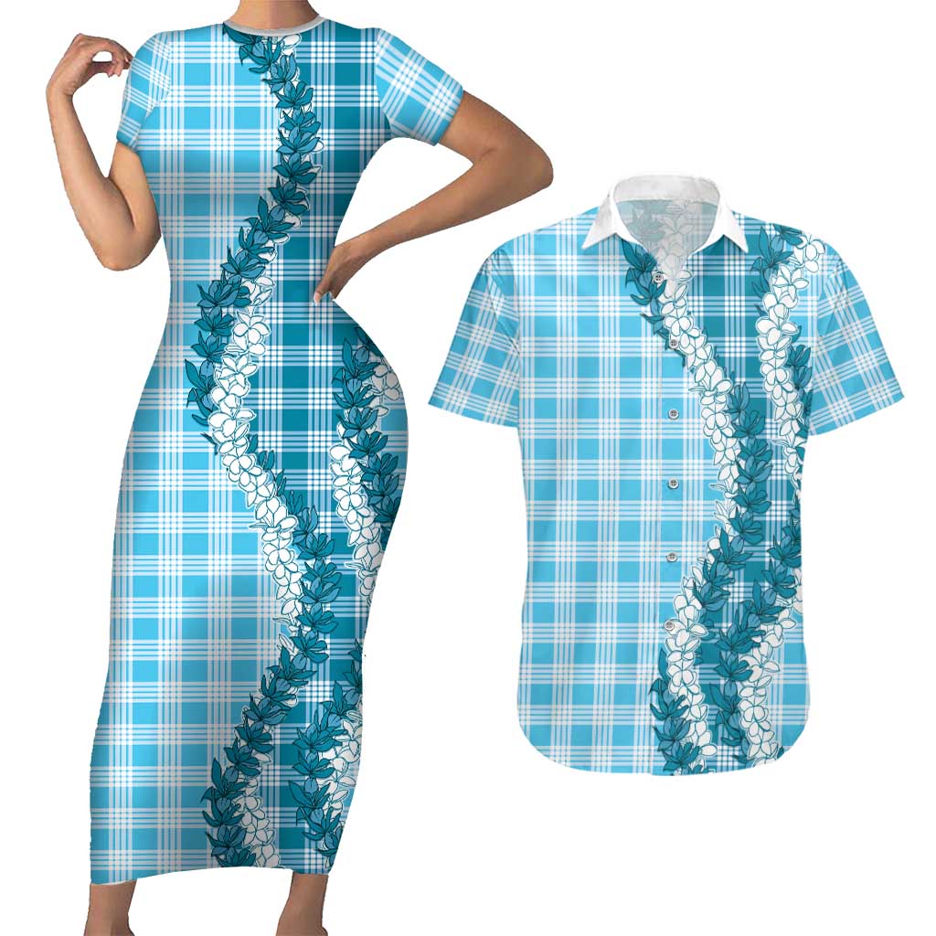 Blue Hawaii Palaka Couples Matching Short Sleeve Bodycon Dress and Hawaiian Shirt Hawaiian Honohono Lei