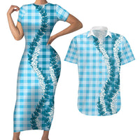 Blue Hawaii Palaka Couples Matching Short Sleeve Bodycon Dress and Hawaiian Shirt Hawaiian Honohono Lei