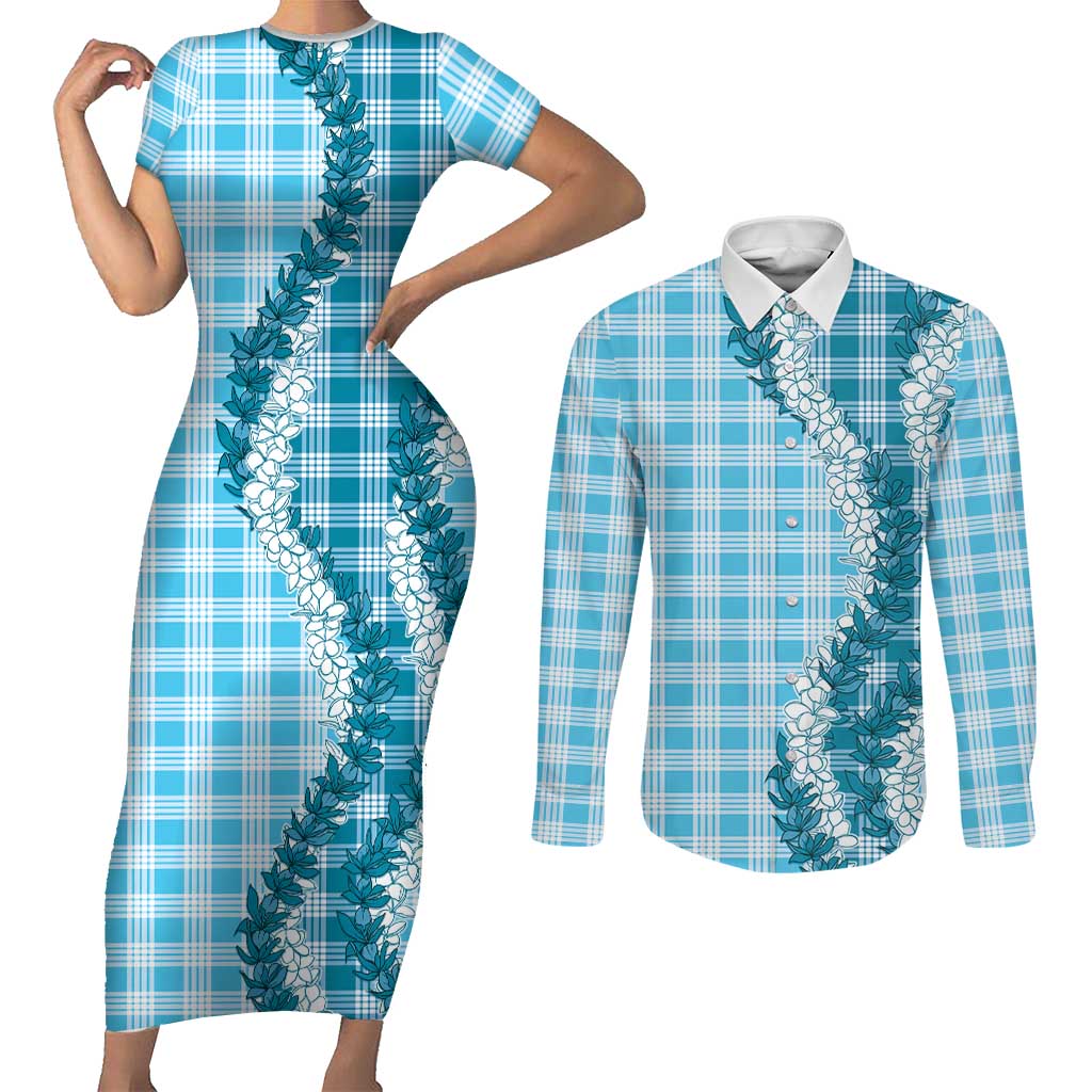 Blue Hawaii Palaka Couples Matching Short Sleeve Bodycon Dress and Long Sleeve Button Shirt Hawaiian Honohono Lei
