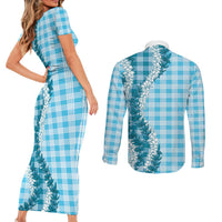 Blue Hawaii Palaka Couples Matching Short Sleeve Bodycon Dress and Long Sleeve Button Shirt Hawaiian Honohono Lei