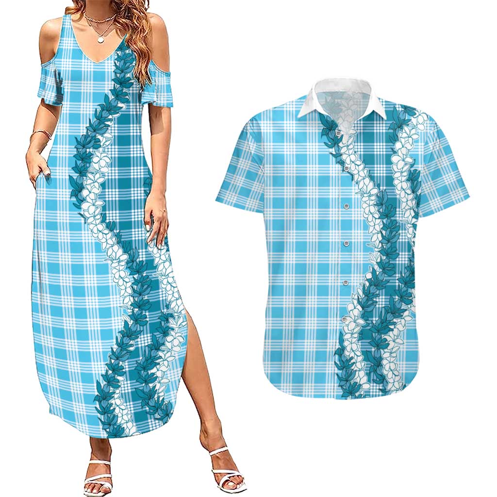 Blue Hawaii Palaka Couples Matching Summer Maxi Dress and Hawaiian Shirt Hawaiian Honohono Lei