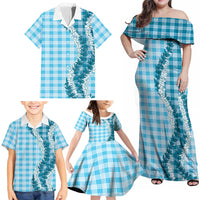 Blue Hawaii Palaka Family Matching Off Shoulder Maxi Dress and Hawaiian Shirt Hawaiian Honohono Lei