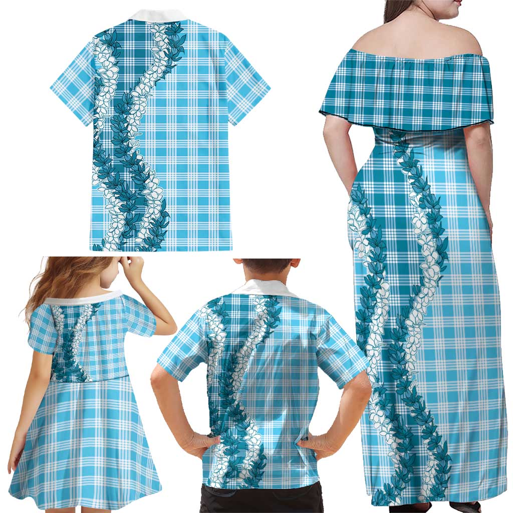 Blue Hawaii Palaka Family Matching Off Shoulder Maxi Dress and Hawaiian Shirt Hawaiian Honohono Lei