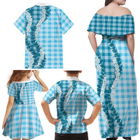 Blue Hawaii Palaka Family Matching Off Shoulder Maxi Dress and Hawaiian Shirt Hawaiian Honohono Lei