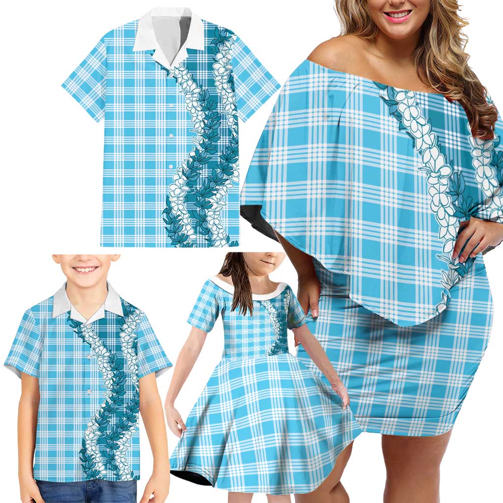 Blue Hawaii Palaka Family Matching Off Shoulder Short Dress and Hawaiian Shirt Hawaiian Honohono Lei