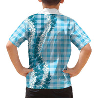 Blue Hawaii Palaka Family Matching Puletasi and Hawaiian Shirt Hawaiian Honohono Lei