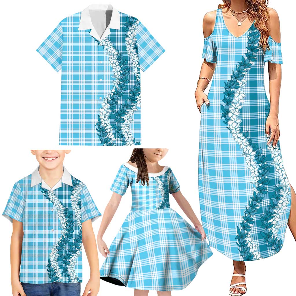 Blue Hawaii Palaka Family Matching Summer Maxi Dress and Hawaiian Shirt Hawaiian Honohono Lei