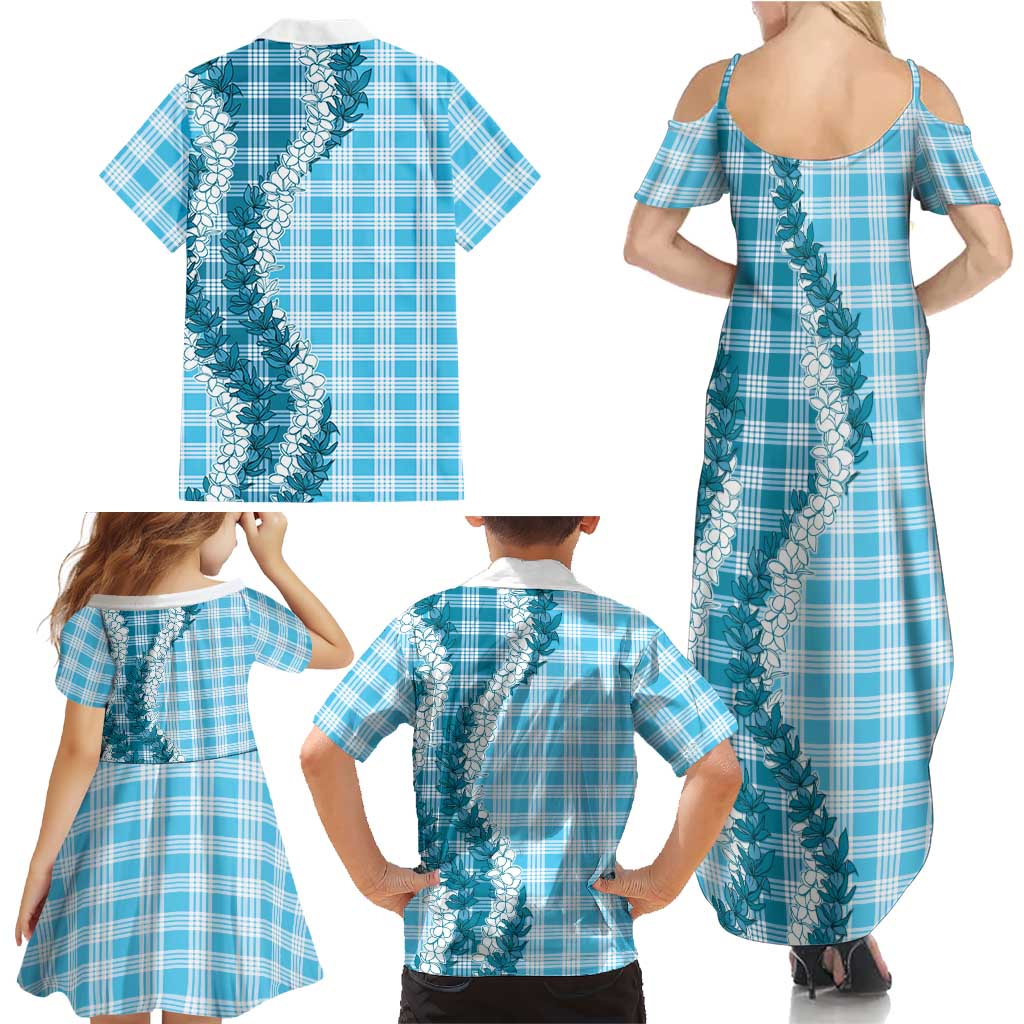 Blue Hawaii Palaka Family Matching Summer Maxi Dress and Hawaiian Shirt Hawaiian Honohono Lei
