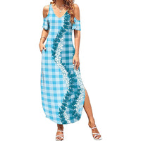 Blue Hawaii Palaka Family Matching Summer Maxi Dress and Hawaiian Shirt Hawaiian Honohono Lei
