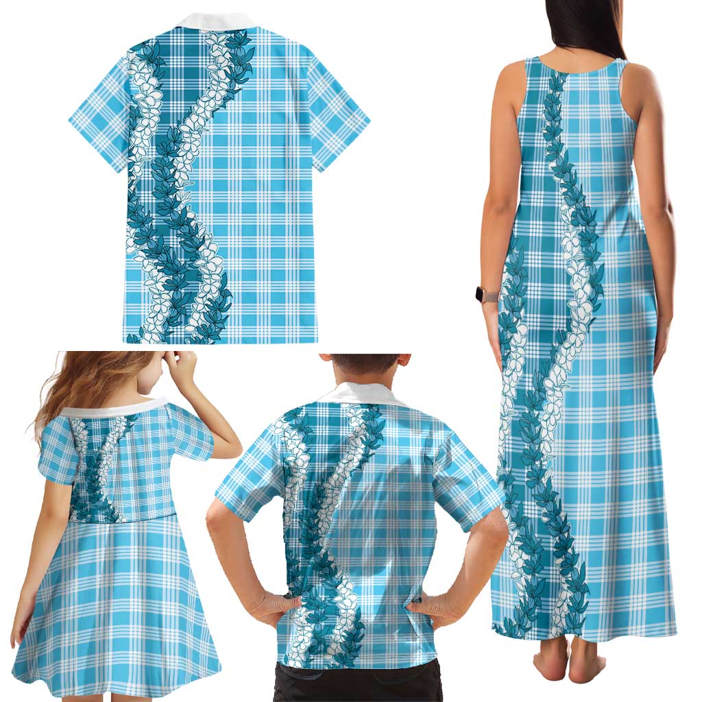 Blue Hawaii Palaka Family Matching Tank Maxi Dress and Hawaiian Shirt Hawaiian Honohono Lei