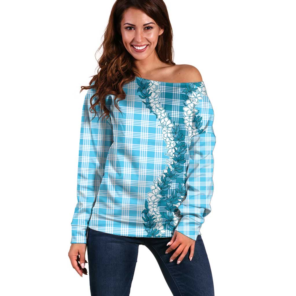 Blue Hawaii Palaka Off Shoulder Sweater Hawaiian Honohono Lei LT05 Women Blue - Polynesian Pride
