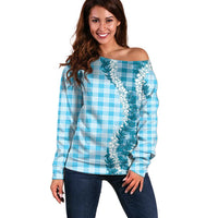 Blue Hawaii Palaka Off Shoulder Sweater Hawaiian Honohono Lei LT05 Women Blue - Polynesian Pride