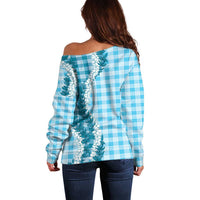 Blue Hawaii Palaka Off Shoulder Sweater Hawaiian Honohono Lei LT05 - Polynesian Pride