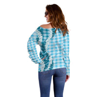 Blue Hawaii Palaka Off Shoulder Sweater Hawaiian Honohono Lei LT05 - Polynesian Pride