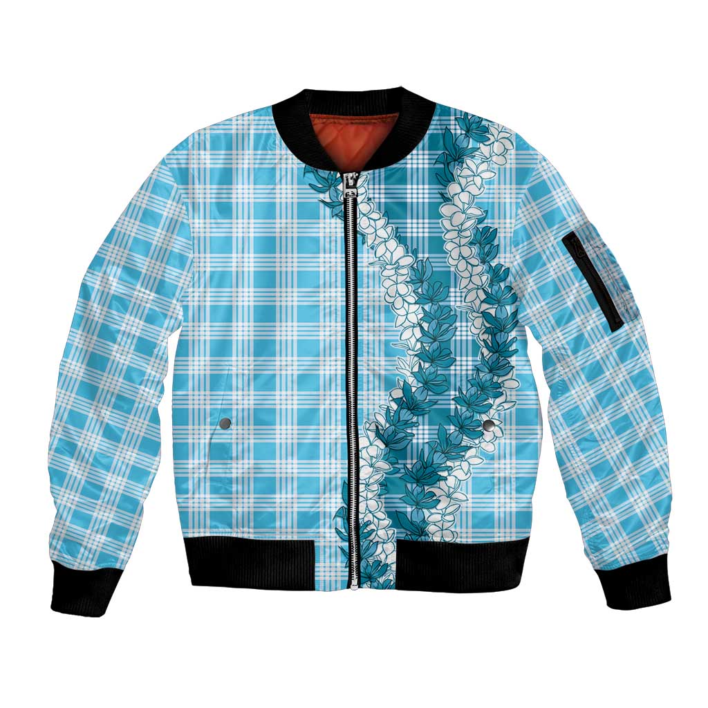 Blue Hawaii Palaka Sleeve Zip Bomber Jacket Hawaiian Honohono Lei