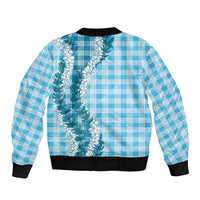 Blue Hawaii Palaka Sleeve Zip Bomber Jacket Hawaiian Honohono Lei