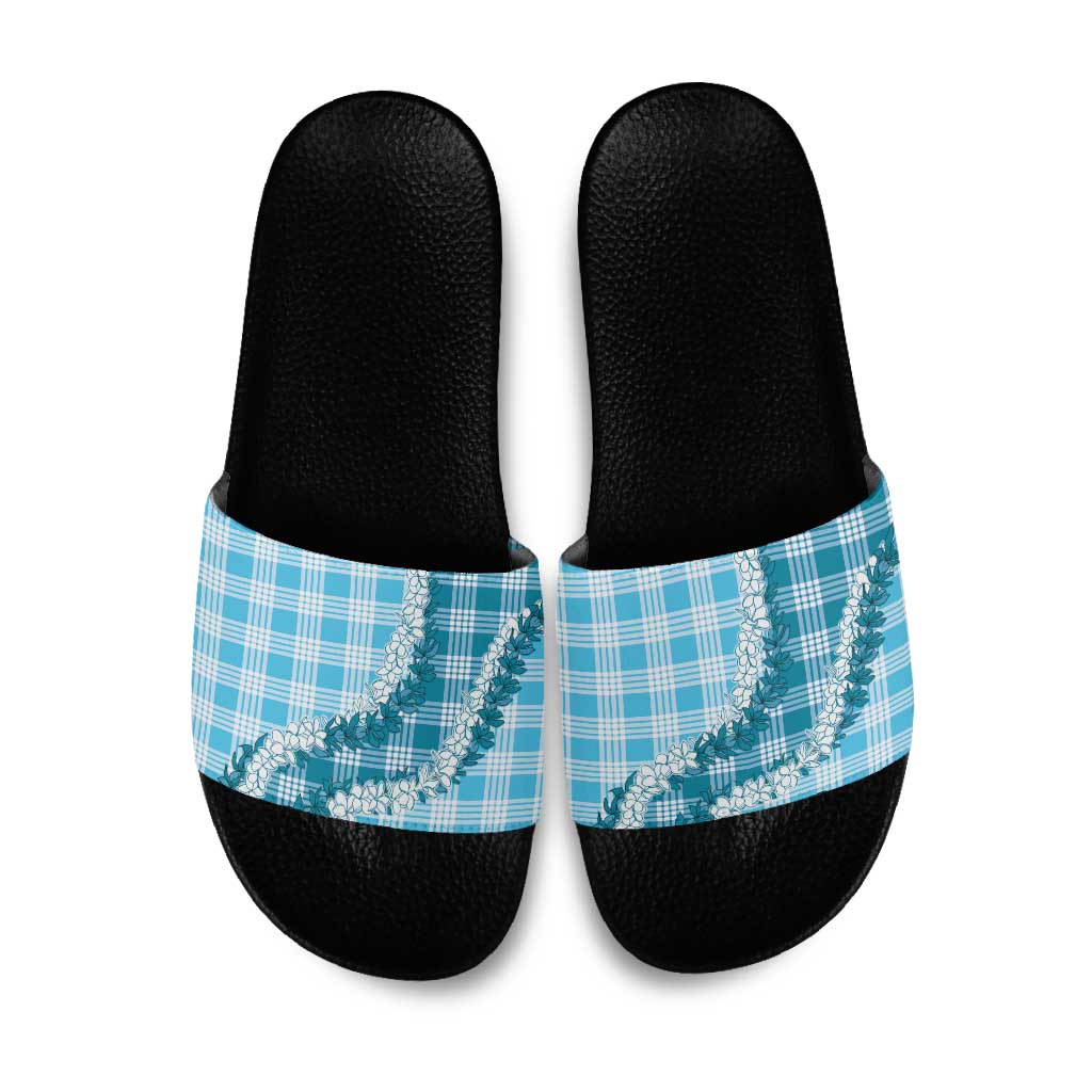Blue Hawaii Palaka Slide Sandals Hawaiian Honohono Lei