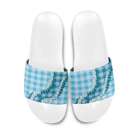 Blue Hawaii Palaka Slide Sandals Hawaiian Honohono Lei