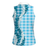 Blue Hawaii Palaka Women Sleeveless Polo Shirt Hawaiian Honohono Lei