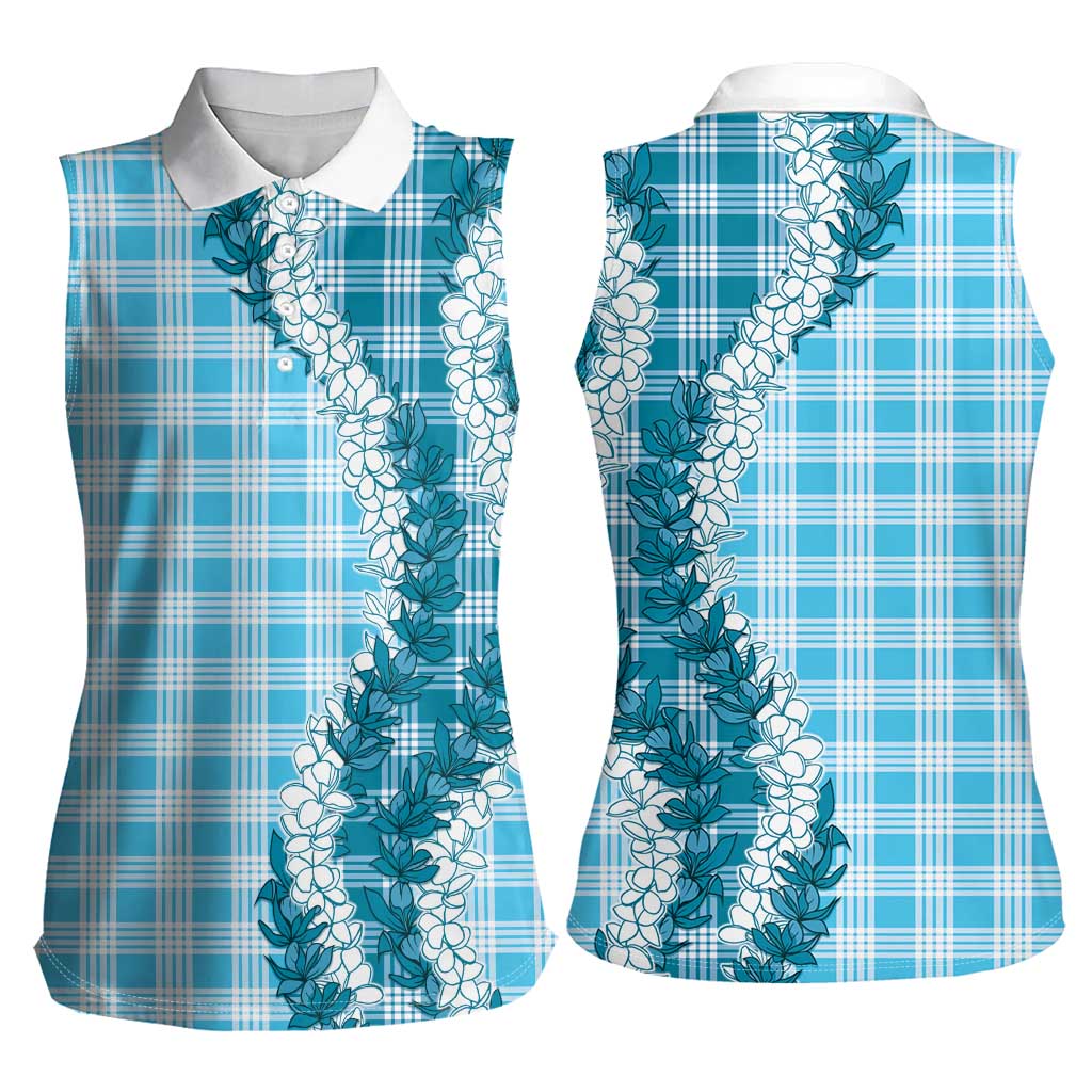 Blue Hawaii Palaka Women Sleeveless Polo Shirt Hawaiian Honohono Lei
