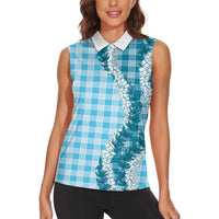 Blue Hawaii Palaka Women Sleeveless Polo Shirt Hawaiian Honohono Lei