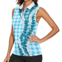 Blue Hawaii Palaka Women Sleeveless Polo Shirt Hawaiian Honohono Lei