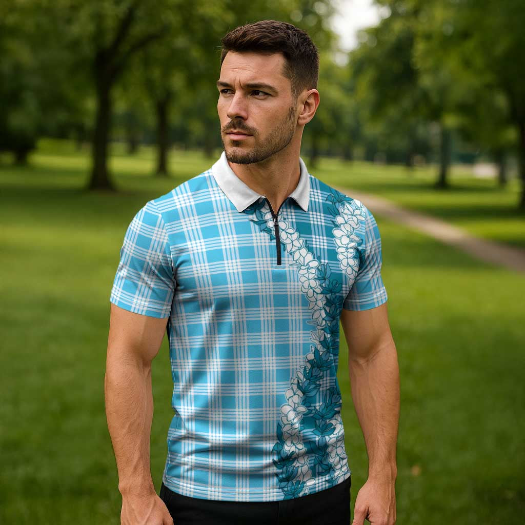 Blue Hawaii Palaka Zipper Polo Shirt Hawaiian Honohono Lei