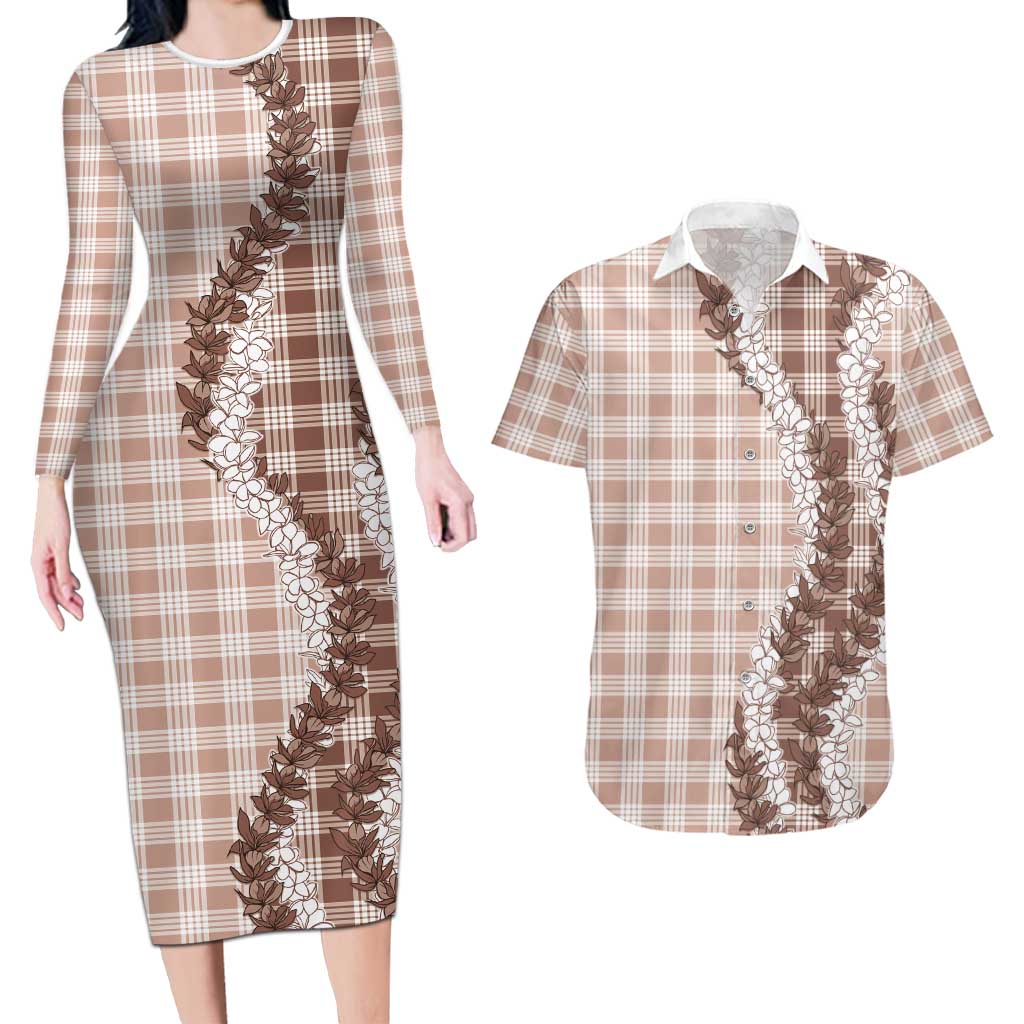 Beige Hawaii Palaka Couples Matching Long Sleeve Bodycon Dress and Hawaiian Shirt Hawaiian Honohono Lei