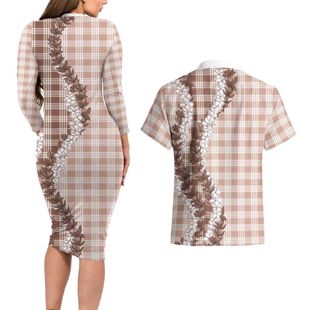 Beige Hawaii Palaka Couples Matching Long Sleeve Bodycon Dress and Hawaiian Shirt Hawaiian Honohono Lei